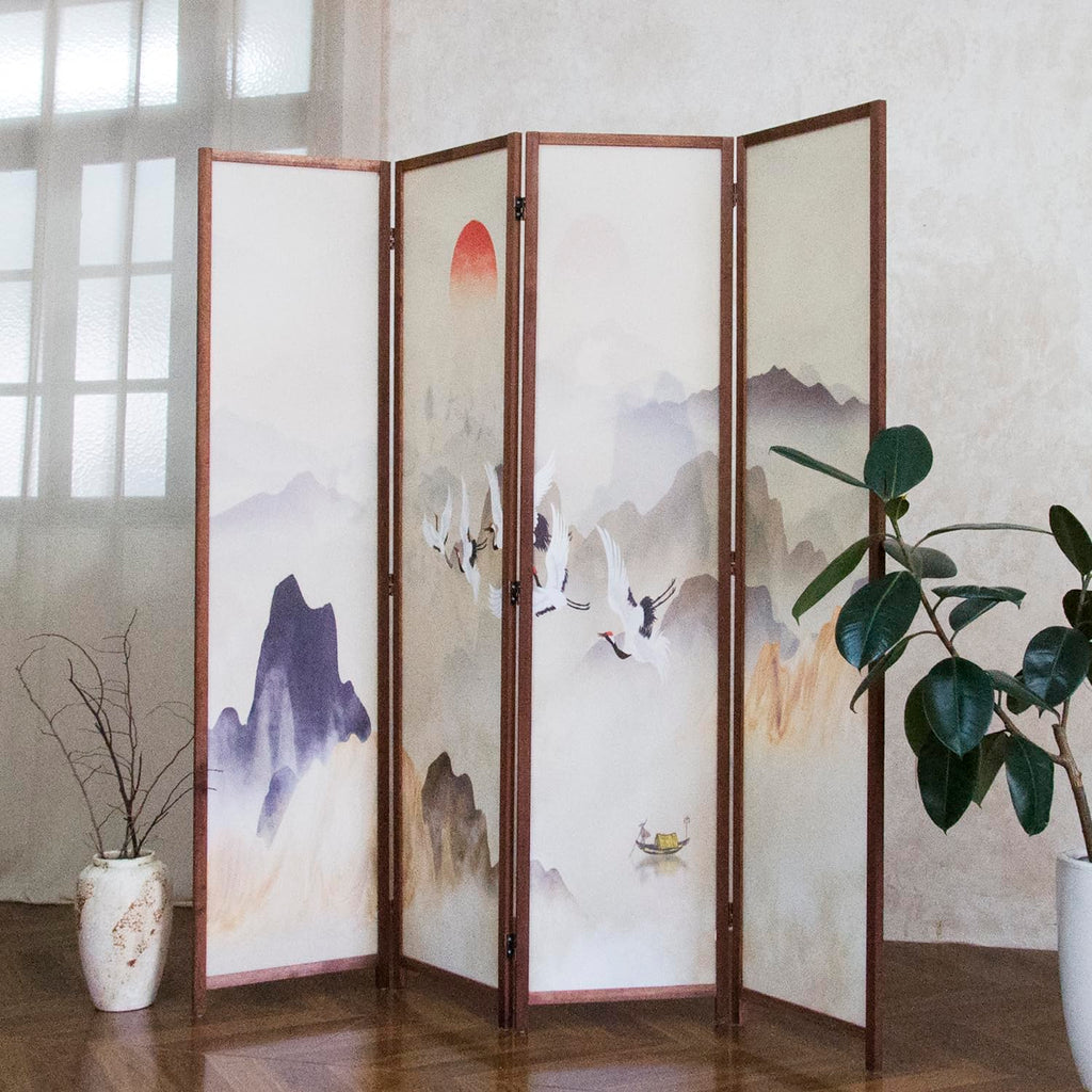 4 Panel Room Divider, 5.6 ft Tall Blackout Folding Privacy Screen - Freestanding Partition Wall with Double-Sided Patterns, Graceful Floral and Bird Artwork for Home Office (67" H x 63" W)