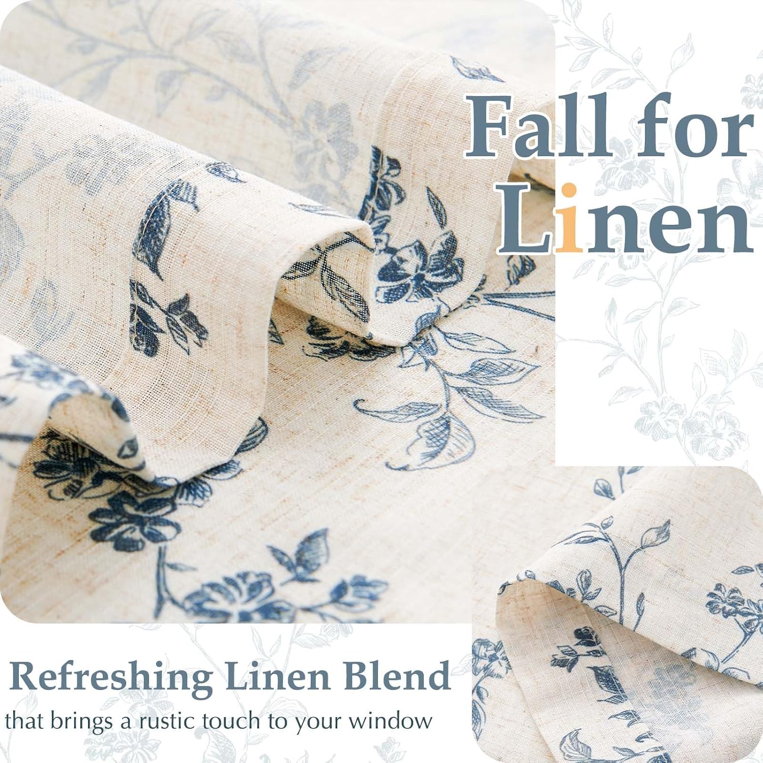 jinchan Floral French Door Curtain Panel Farmhouse Decor Light Filtering Linen with Tie Up Bow for Glass Door or Patio 72 Inch Length Rod Pocket 1 Panel Blue on Linen