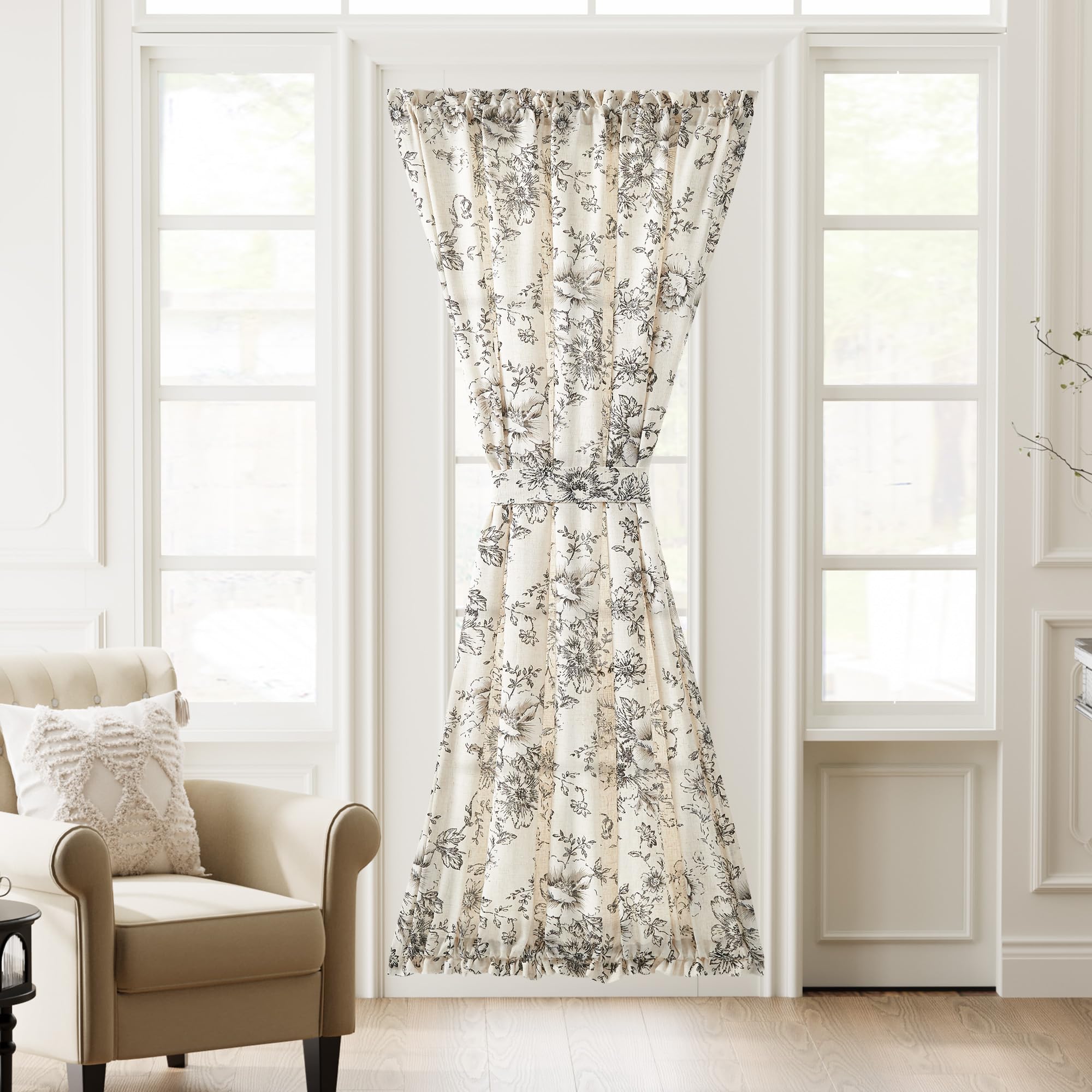 jinchan Floral French Door Curtain Panel Farmhouse Decor Light Filtering Linen with Tie Up Bow for Glass Door or Patio 72 Inch Length Rod Pocket 1 Panel Blue on Linen