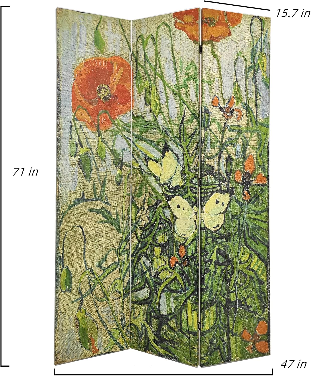 Room Divider Wood Privacy Screens Van Gogh's Butterflies and Poppies Painting Canvas 3-Panel Foldable Portable Separating Divider Room Partitions Freestanding Home Decor 71'' High