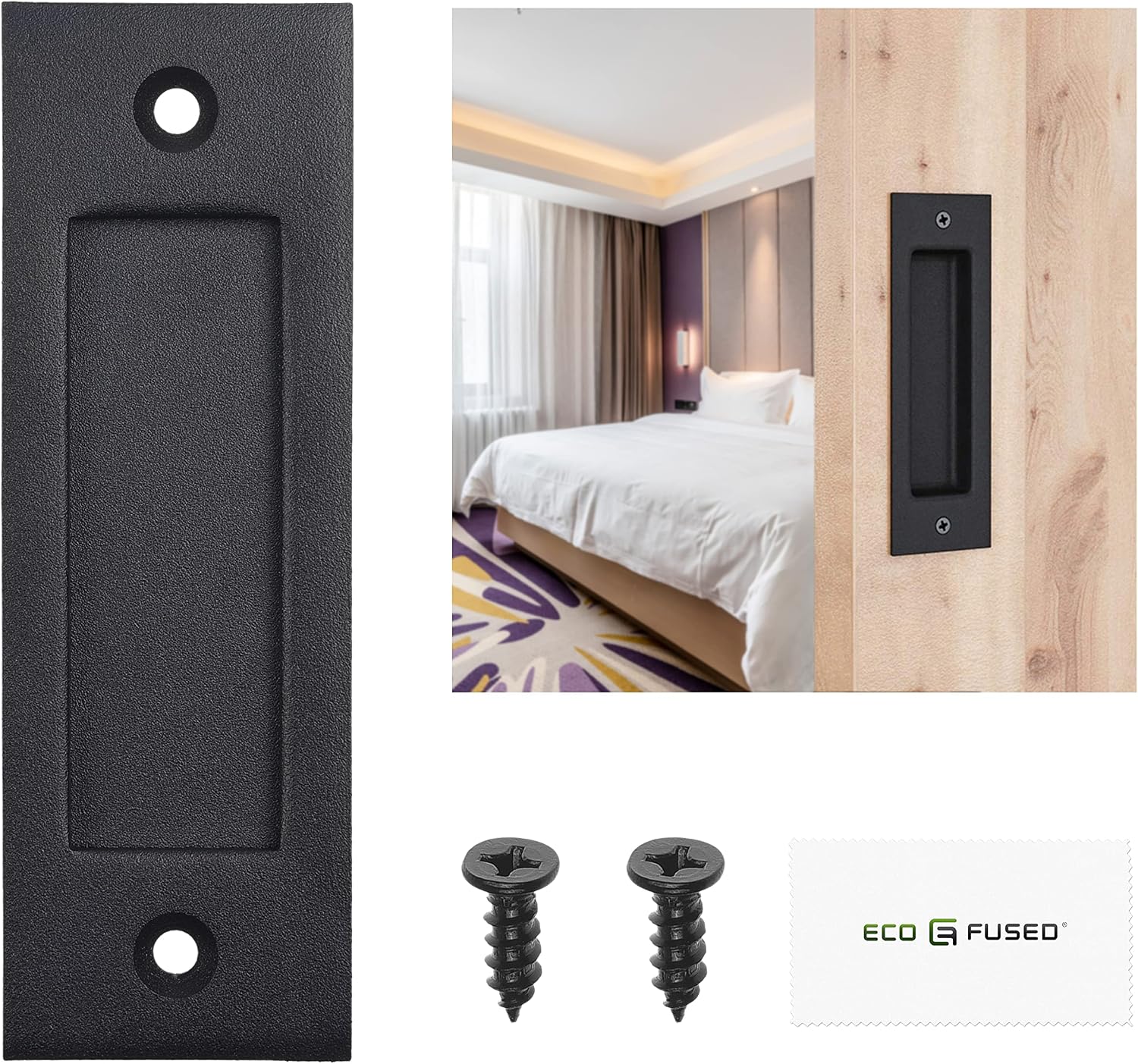 Eco-Fused 1x Sliding Barn Door Finger Pull (Black) with Self Tapping Screws - 6-Inch Solid Steel Flat Bottom Handle - Easy to Install - Ideal for Sliding Doors, Closets, Sheds, Garages
