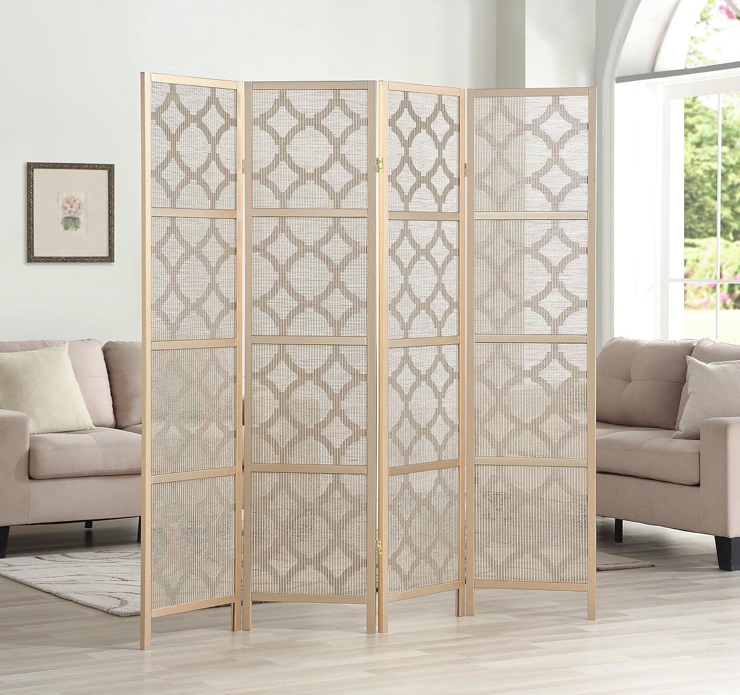 Roundhill Furniture Quarterfoil Infused Diamond Design 4-Panel Room Divider, Gold