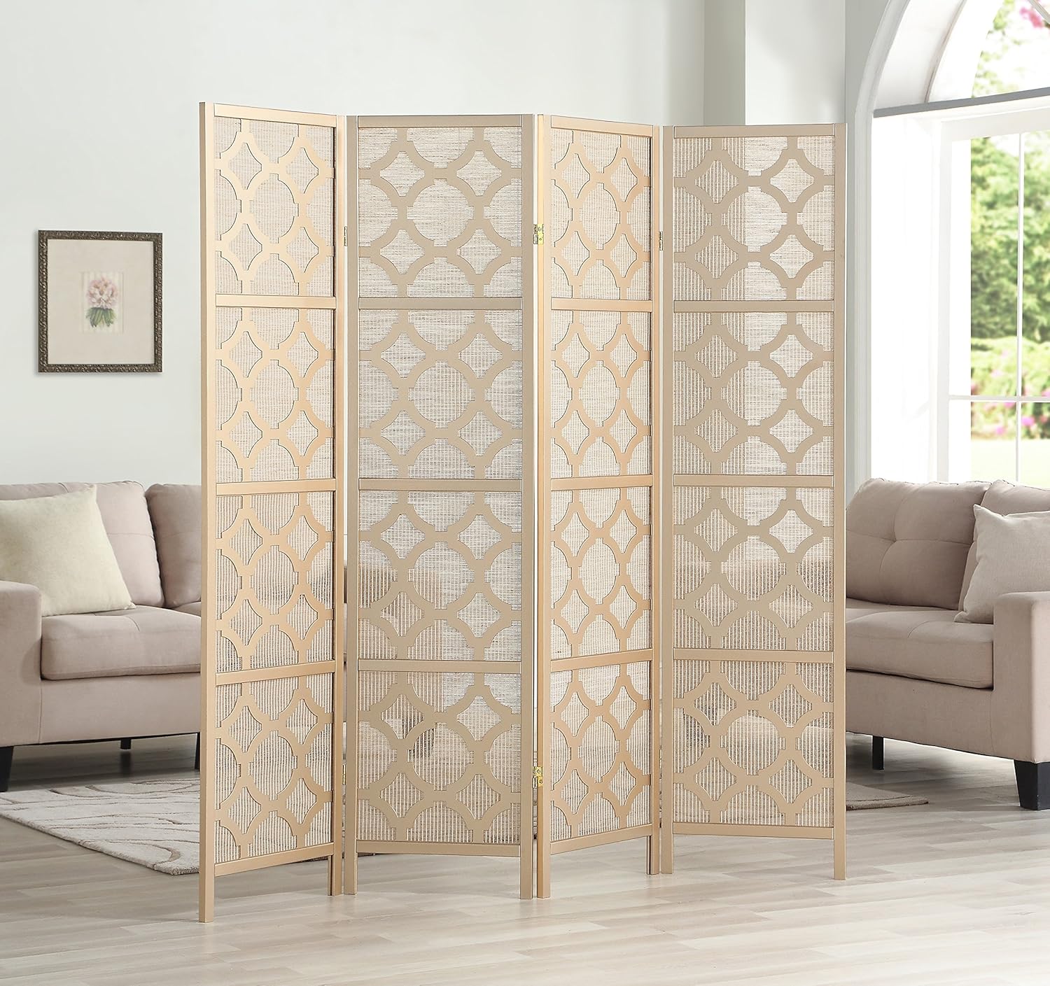 Roundhill Furniture Quarterfoil Infused Diamond Design 4-Panel Room Divider, Gold